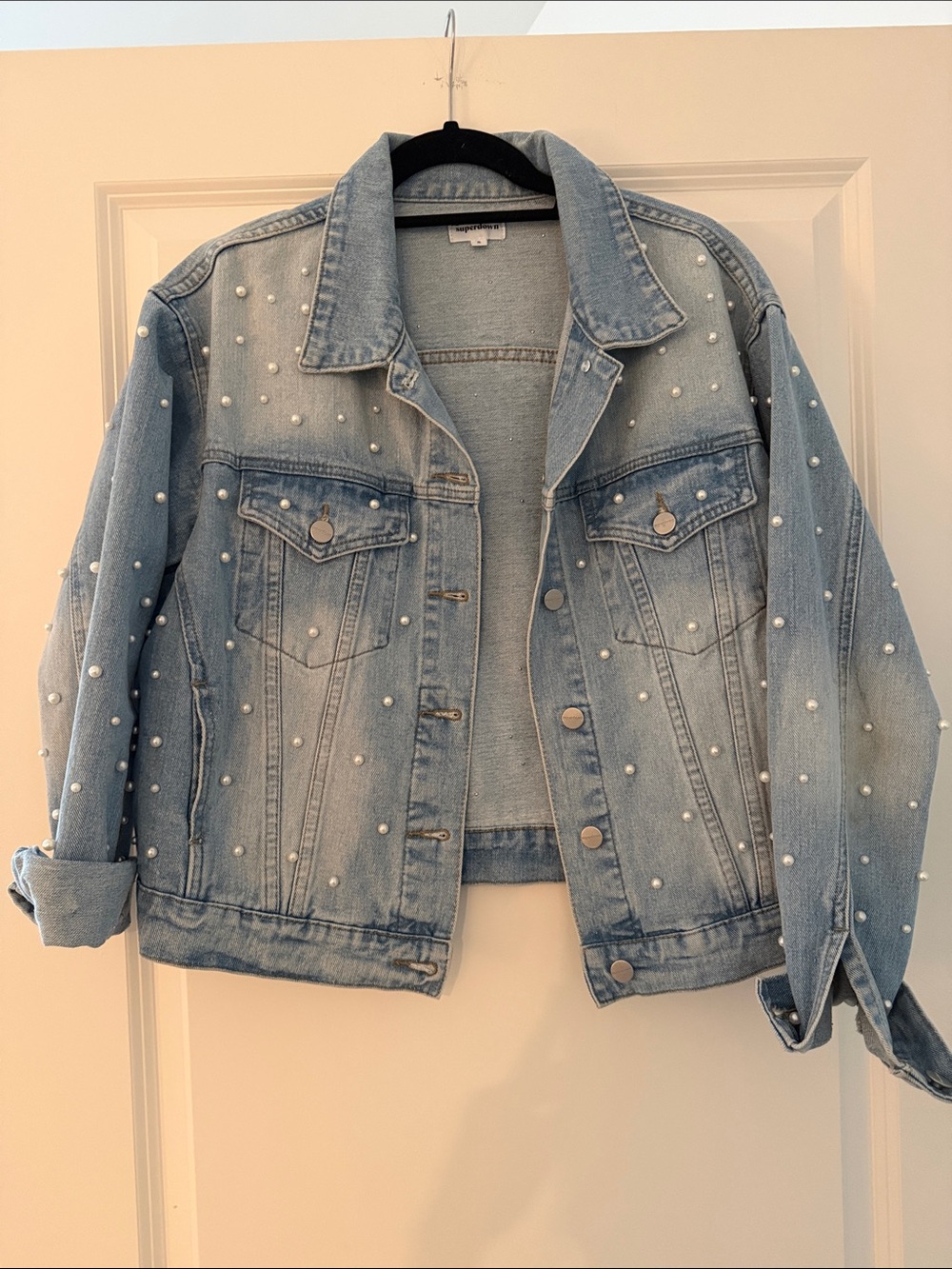 superdown Light Blue Pearl-Embellished Denim Jacket